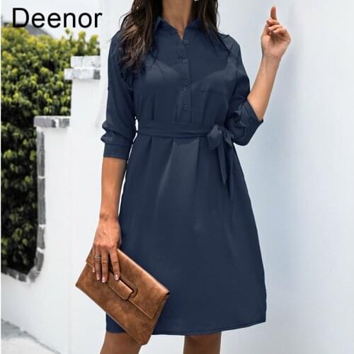 Deenor Womens Shirt Skirt Solid Color Button Collar Medium Sleeve Shirt Skirt Summer Womens Dress 2021 Ladies Office Dress
