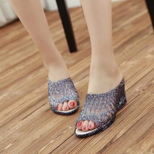 Women Platform Slippers Bling Wedges 2021 Summer High Heel Shoes Woman Casual Jelly Shoes Cut-out Slip on Female Fashion Slides