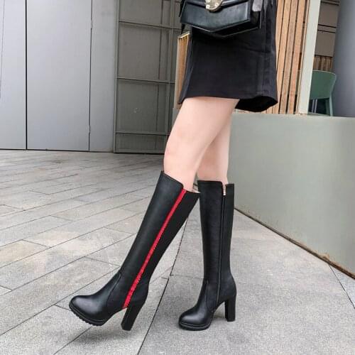 2021 Fashion High Heels Women Knee High Boots Pu Leather Office Ladies Dress Shoes Spring Autumn Long Boots Woman Big Size 33-43