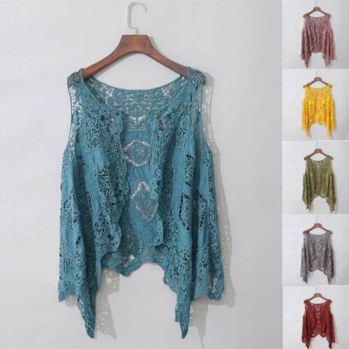 Null Women Summer Sleeveless Open Front Cardigan Boho Hollow Out Crochet Lace Solid Color Vest Drape Asymmetrical Hem Hippie Up
