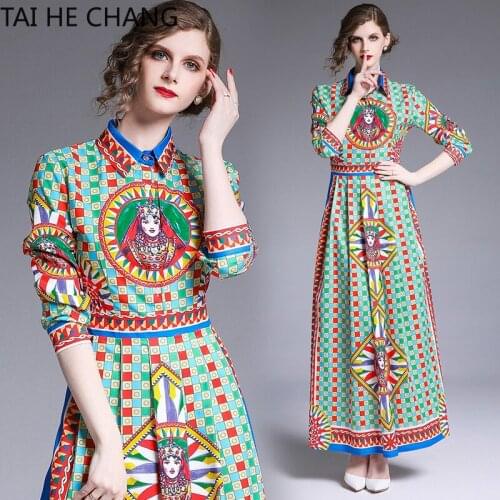 Women Dress New Fashion Retro Spring Summer Elegant Slim Bodycon Vintage Party Runway Print Shirt Office Work Maxi Dresses