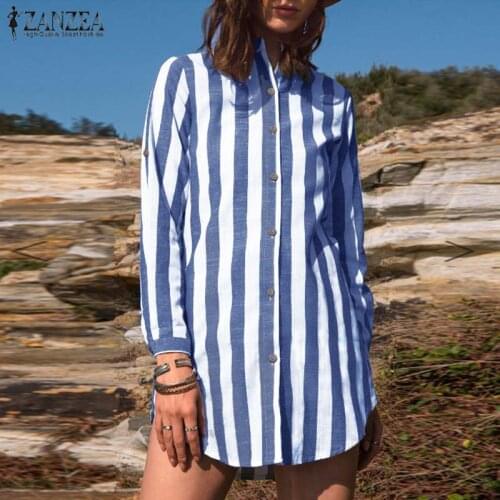 2021 ZANZEA Women Vintage Striped Shirt Spring Long Sleeve Buttons Long Blouse Loose Blusas Tunic Femme Casual Tops Chemise