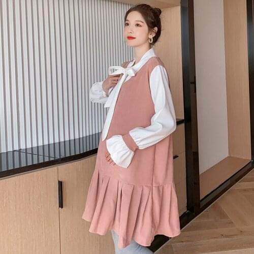 8839# Maternity Clothes Spring Autumn Bow Collar Loose Stylish Dress for Pregnant Women Mom Dress