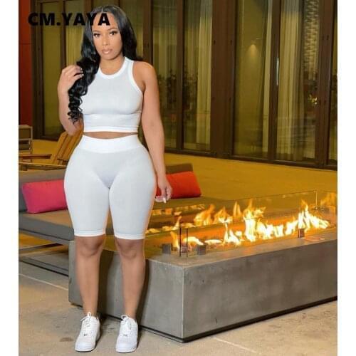 Active Yoga Knit Solid Women Two 2 Piece Set Outfits Sport Fashion Tank Tops and Shorts Legging Matching Set Tracksuit CM.YAYA