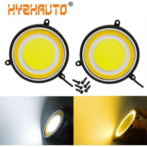 HYZHAUTO Dual Color DRL Car LED Daytime Running Lights COB Fog Lights 88mm Round Rubber Waterproof Lamp White+Amber 12V 2Pcs