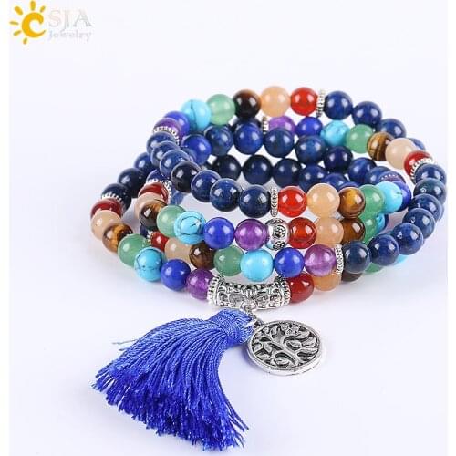 CSJA 7 Chakra Multilayer Charms Bracelets Jewelry Lapis Lazuli 108 Mala Prayer Beads Reiki Healing Yoga Meditation Power E660