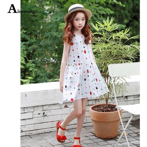 Aimsnug Children Elegant Sweet Flower Print Dress Girls Sleeveless Casual Dresses Kids Stripes Dot Print Short Princess Dress