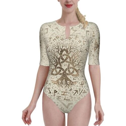Women 2021 sexy Bikinis Tree Of Life With Triquetra And Futhark Half Sleeve zip Women Swimsuit One-Piece Swimwear Viking Runes