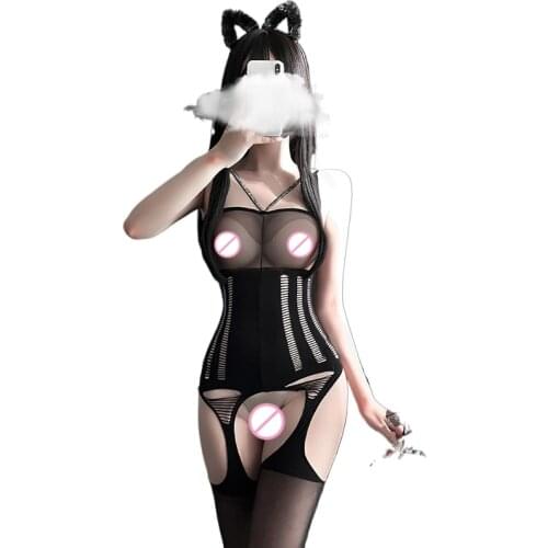 Open Crotch Jumpsuit Stockings Sexi Women Sexy Lingerie Mesh Transparent Fishnet Bodysuit Erotic Underwear Ladies Leotard Sex