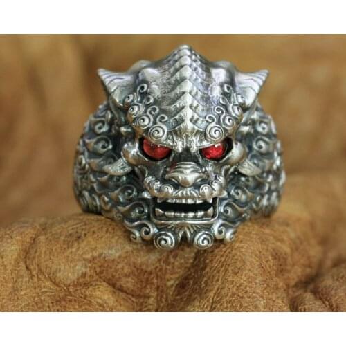 Red Eyes 925 Sterling Silver Chinese Style Lion Ring Mens Punk Ring TA268 US Size 7 to 15