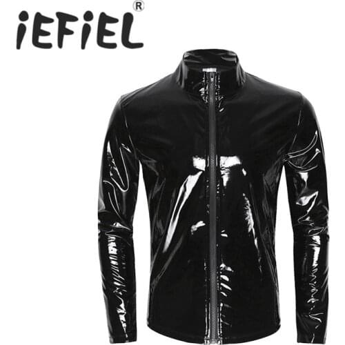 IEFiEL Long Sleeve Patent Leather Men Shiny Metallic Front-Zip Stand Collar Tops Wet Look Nightclub Style Shirt Party Costumes