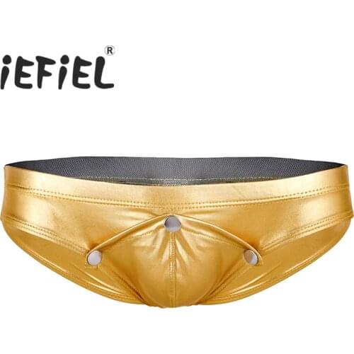 New Arrival Sexy Mens Lingerie Sissy Shiny Soft Faux Leather Low Rise Buckled Bulge Pouch Bikini Briefs Underwear Underpants
