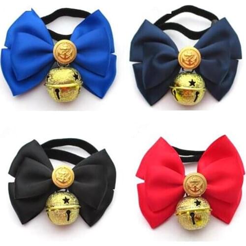 New Design Handmade Pet Bow Tie Puppy Large Dog Cat Bow Tie Bowtie Fashion With Golden Bells Navy Buttons 4 Sizes