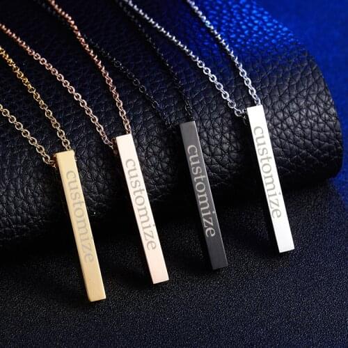 Fashion Stainless Steel Engrave 4 Sides Custom Name Geometry Necklace Women Men Personalized Square Bar Necklace Creative Gift
