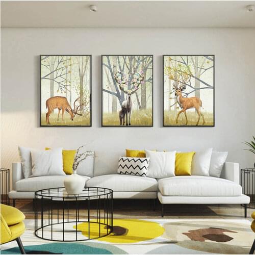 Scandinavian Forest Flower Deer Landscape Canvas Poster Nordic Style Wall Art Print Painting Decoration Picture Home Decoration