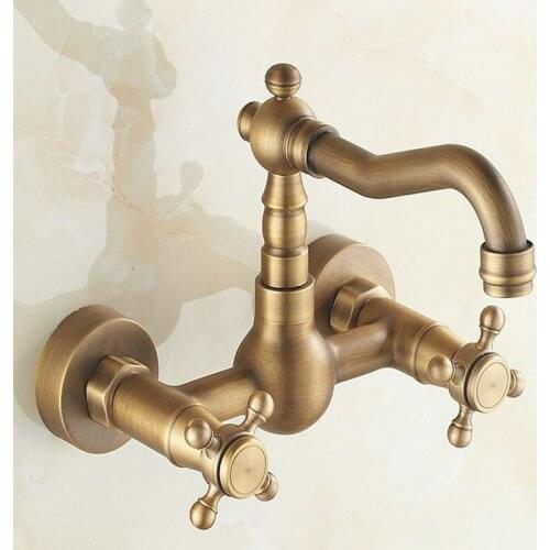 Vintage Retro Antique Brass Double Handle/Hole Wall Mount Kitchen Bathroom Basin Faucet Sink Mixer Tap Swivel Spout 360' dsf002