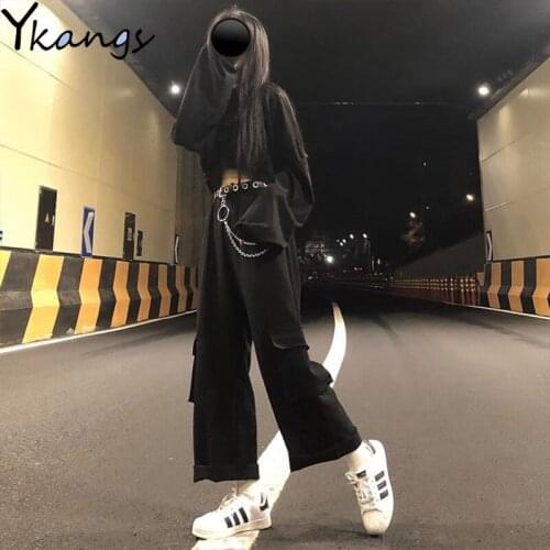 Gothic Streetwear Baggy Straight Cargo Solid Black Pants With Chain Harajuku Women Pants Korean Female Wide Leg Pants Big Pocket