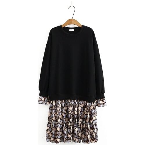 Plus Size Womens Autumn And Winter New 2020 Loose Stitching Floral long-sleeved Fake two-piece Sweatshirt Dress XL/4XL