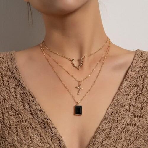 Vintage Multilayer Chains Antler Deer Horn Cross Gem Pendant Necklace Women Elegant Geometric Clavicle Necklace Colar Jewelry
