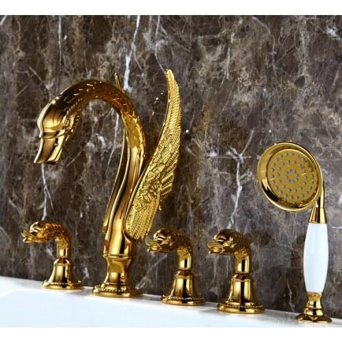 5 Pcs widespread Swan tub shower Faucet mixer tap gold clour bathtub shower faucet swan handles deck mounted