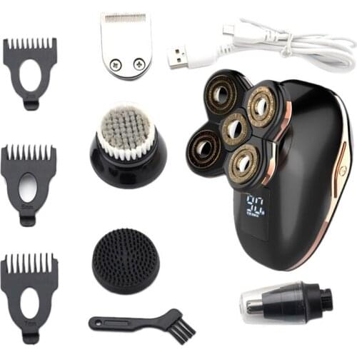 5 In 1 Cordless Electric Rotary Shavers Bald Head Shaver Grooming Kit With Nose Trimmer Facial Cleansing&Massage Brush
