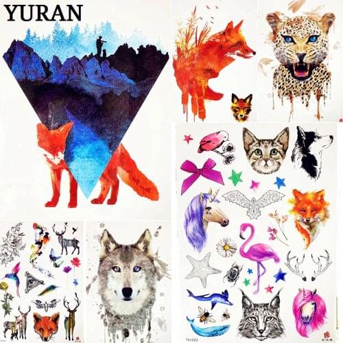 Watercolor Triangle Mountain Hill With Fox Temporary Tattoo Stickers Kids 21x15Cm Women Child Sexy Body Art Back Tattoo Paste