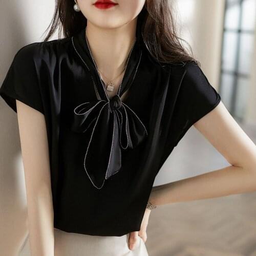 Blusas Female Shirt 2021 Summer Tops Ladies Dropshipping Fashion Korean Women Clothing Black Blouse Chiffon Solid Bow White 0914