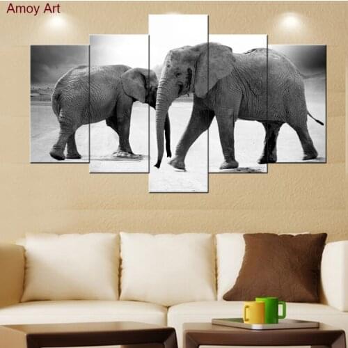 Large 5 piece canvas art black white african elephant animal oil painting wall Pictures for living room decor wall art prints
