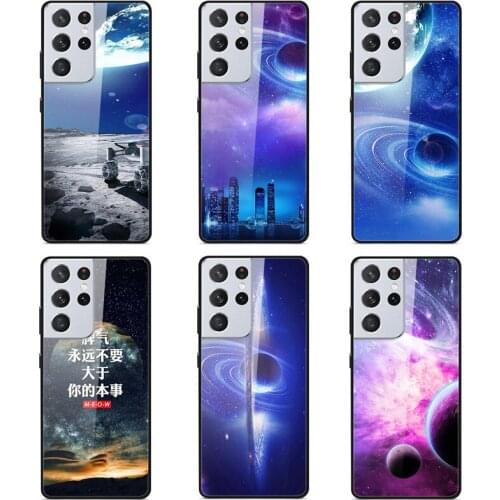 Case Samsung Galaxy S21 Ultra Phone Case Back Cover Black Silicone Bumper With Tempered Glass Star Sky Pattern