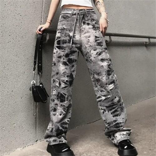 5XL Jeans Womens Spring Autumn New Large Size Tie-dye Buttons Zipper High Waist Commuter Loose Denim Straight Trousers ZM185