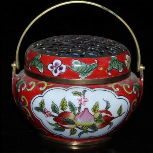 Collection Chinese Handwork Painting Flower Red Copper Enamel Color Warm Hand Stove Incense Burner Gift Fengshui Home Decortion