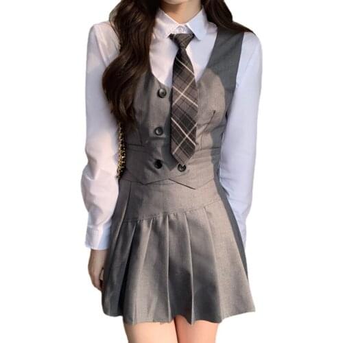 British College Student 3 Piece Sets Tie White Shirt&double Breast Short Slim Waistcoat&High Waist Skirt Sets Female 3pc Suits