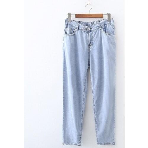 Plus Size L-5XL Light Denim Long Pants Elastic Waist Simple Elegant Tencel Spring Summer Jeans