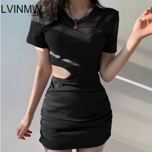 LVINMW Hollow Out Solid Casual Slim Short Sleeve Mini Dress Stretchy Skinny Fashion Crew Neck Women Midriff Outfits Streetwear