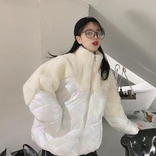 Winter Lambswool Patckwork Puffer Jacket Thick Faux Fur Women Parkas Bright Coats Loose Short Down Padded Jackets Girl Outerwear