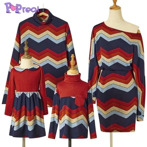 PopReal Parent-Child Outfit Mother Daughter Shirt Dress Geometric Print Father And Son Shirt Family Clothing Set Turndown Collar