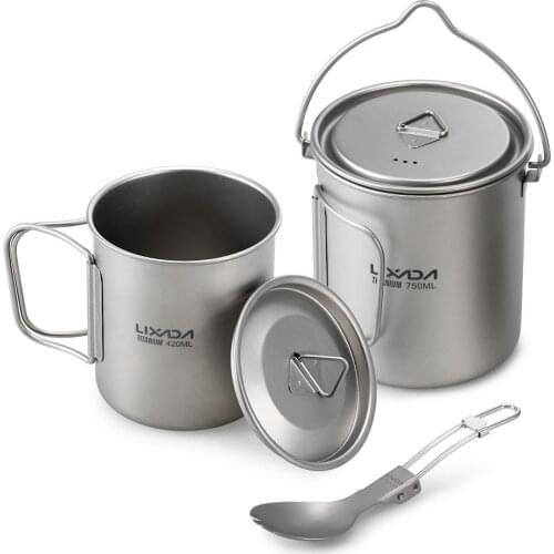 Lixada Titanium 3Pcs/Set Outdoor Pot 420ml Water Cup Mug with Lid Collapsible Handle Folding Spork for Hiking Backpacking