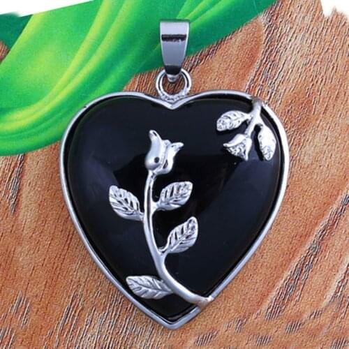 Trendy-beads Silver Plated Black Agates Forever Love Heart With Flower Pendant Decoration Jewelry