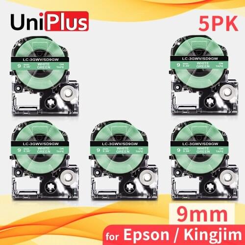 UniPlus 9mm Label Tape Compatible Epson Label Maker SD9GW LK-3GWV White on Green Label Cassette for Kingjim Epson LW700 L W1000P