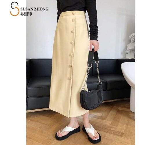 Women Skirts Pencil 2021 Spring Summer New Fashion Elegant Office Straight Loose High Waist Calf Length Buttons Wrap Yellow Long