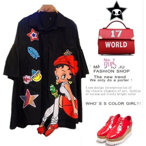 Women Street Blouse Shirt Summer Long Cartoon Appliques Sequins Flare Blusas Feminina Casual Tops Maxi Blouses Shirts NS695