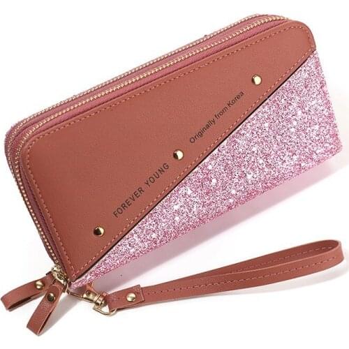 Women Sequin Stitching Rivet Double Zipper Long Wallet Large Capacity Mobile Phone Pocket Letter Decoration Coin Purse