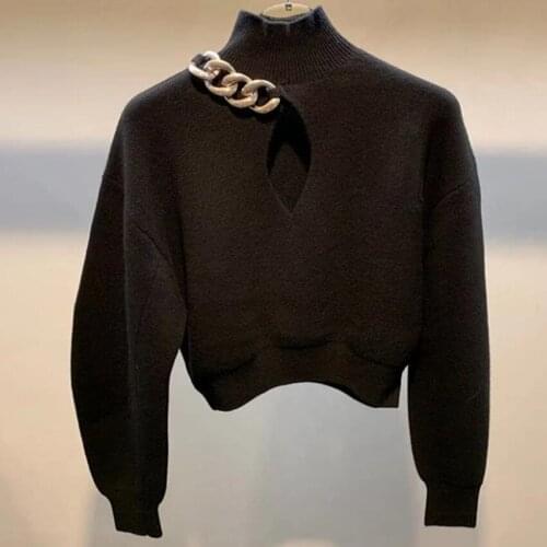 Front Hollow out Sweater Womens Long Sleeve Metal Chain Turtleneck Black Autumn Winter Top