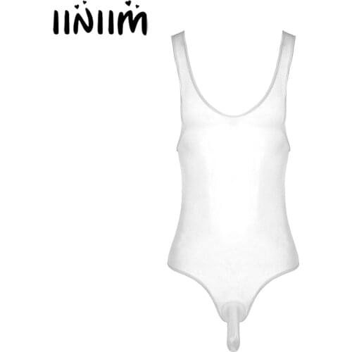 Iiniim Women/Men Glossy Stretchy Bodysuit Bodystocking Transparent See-through Singlet Sleeveless Bulge Pouch Teddies Nightwear