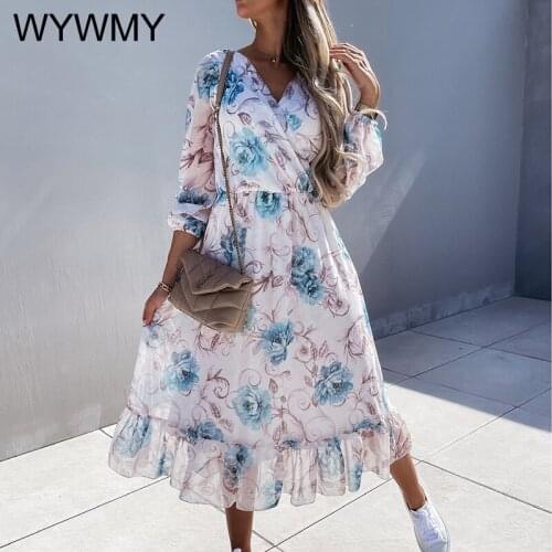 Spring Summer V-neck Floral Chiffon Midi Dresses For Women Elegant Loose Long Sleeve Pullover Female Dress Vestidos De Fiesta