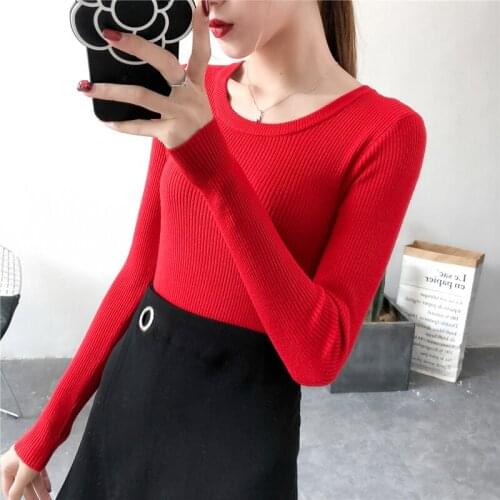 2019 Basic O-neck Solid Autumn Winter Sweater Pullover Women Female Knitted Sweater Slim Long Sleeve Bodycon Sweater Cheap BE016