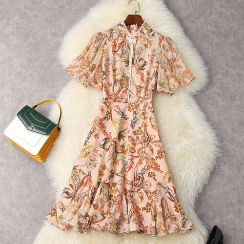 2021 Designer Fashion Summer Spring Vintage Dress Women Beading Flower Printed High Quality Fishtail skirt Elegant