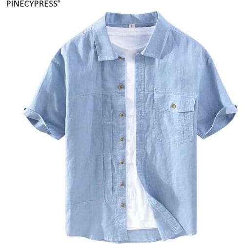 55% Linen 45% Cotton Anti-static Breathable Soft Summer Solid Hemp Short Sleeve Man Shirt Male Quality Men Casual Shirts