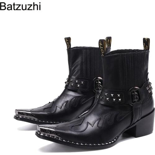 Batzuzhi Rock Genuine Leather Ankle Boots Men Western Cowboy Men Boots Pointed Toe Iron Head Black Riding/Motorcycle Party Botas