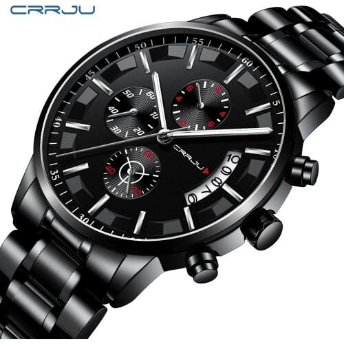 CRRJU Classic Men Stainless Steel Watch Casual Sport Waterproof Chronograph Quartz Wristwatch for Men Date Display Relogio 2019